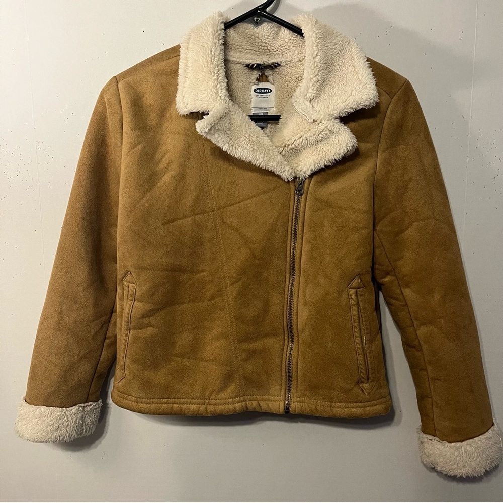 Old Navy Kids Sherpa Lined Faux Suede Aviator Jacket Size L 10/12 Beige